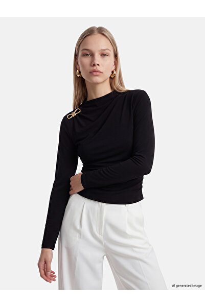 LC Waikiki Alita City Lcw Vision Black Combed Cotton Straight Stand Collar Lo...