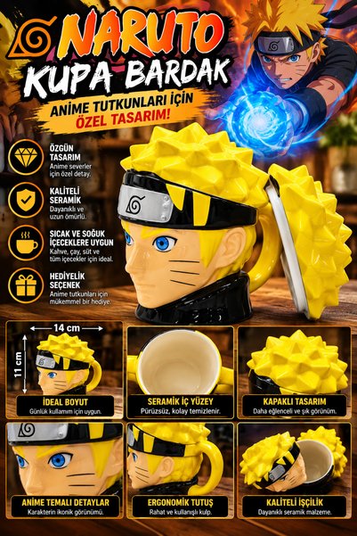 FG KONNİCHİWA Naruto 3D Seramik Kupa Kapaklı Anime Kupa Koleksiyonluk Hediyel...