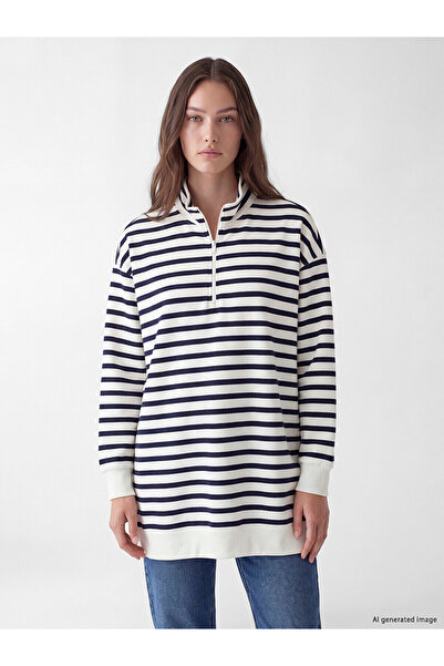 LC Waikiki Nevavm Farkıyla Lcw Modest Navy Blue 3 Threaded Striped Loose & Ba...