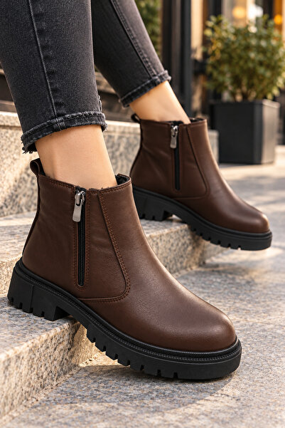 Sanvio Tarzkar Women's Brown Fur Lined Waterproof Sewn Rubber Non-Slip Sole Guaranteed Winter Casual Boots