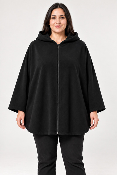 Curvy Trend Büyük Beden Kapşonlu Fermuarlı Polar Ceket