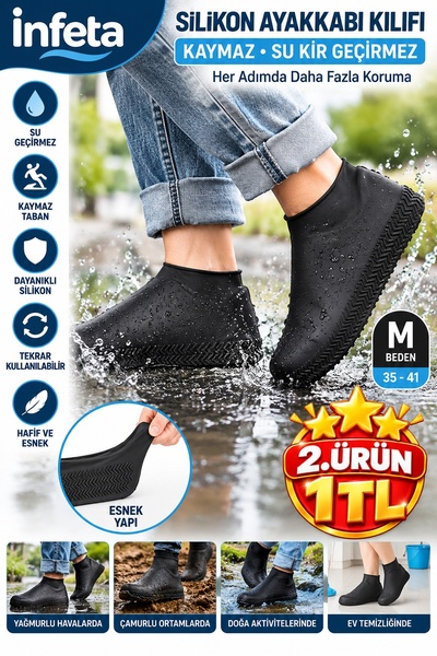 İnfeta M Beden Siyah Silikon Ayakkabı Kılıfı Su ve Kir Geçirmez Kaymaz Yağmur...