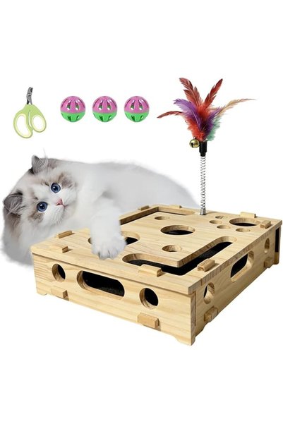 TIKHOME Cat Scratch Puzzle Enrichment Box, Wooden Kittens Nail File Box with ...