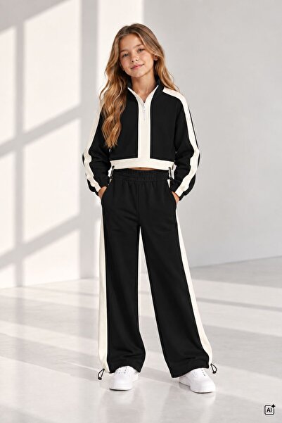 CansınMini Black Girls' Zipper Collar Crop Sweatshirt Striped Wide Leg Sweatp...