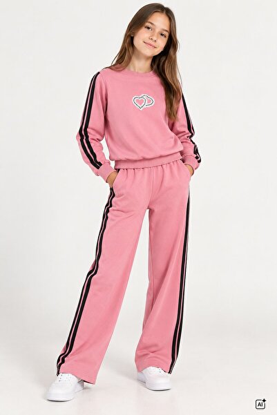 CansınMini Pink Girls' Sequined Heart Wide Leg Crew Neck Sweatpants Set 24811