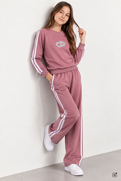 CansınMini Gül Kurusu Girls' Sequined Heart Wide Leg Crew Neck Sweatpants Set...