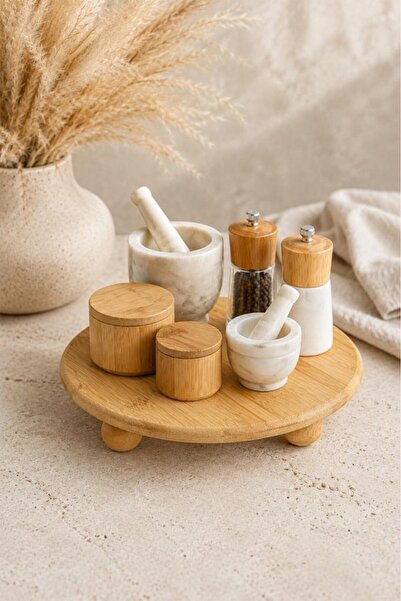 Atbyhome 3 Top Ayaklı Doğal Bambu Sunum Standı 26.5x5 cm - Yuvarlak Mutfak Te...