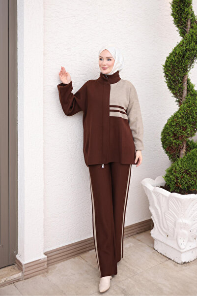 İmajButik Brown Striped Tunic and Trousers Knitwear Set