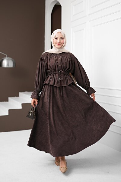 İmajButik Brown Buttoned Waist Gathered Shirt and Skirt Velvet Suit