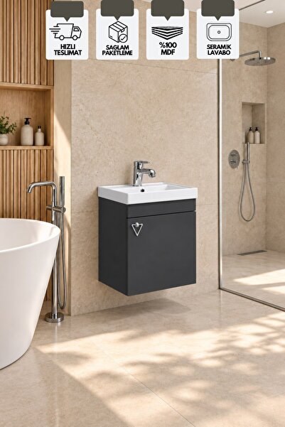 KAREN BANYO Kemer 50 Cm, Alt Banyo Dolabı, Lavabolu, Antrasit, Kapaklı Banyo ...