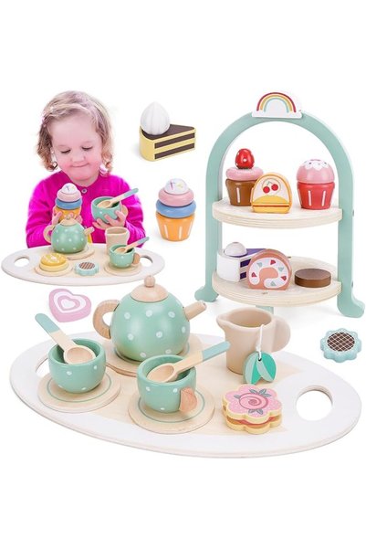 KASTWAVE Wooden Tea Set for Little Girls, Toddler Girl Toys Kitchen Pretend P...