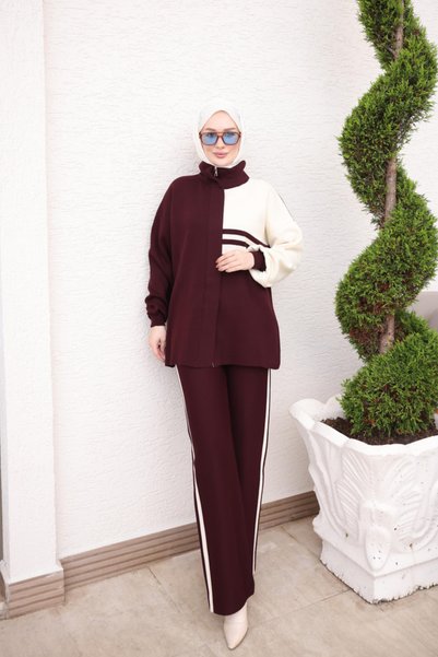 İmajButik Burgundy Striped Tunic and Trousers Knitwear Set
