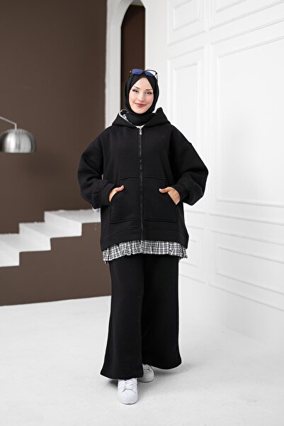İmajButik Black Garnished Three-Thread Cardigan and Trousers Set