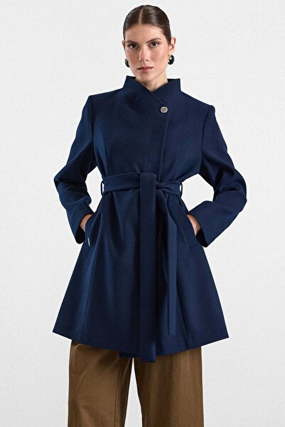 Olcay Punto Detailed Large Size Coat Dark Blue 3192