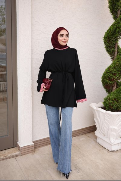 İmajButik Black Collar and Sleeve Cuffs Plaid Decorated Modal Tunic