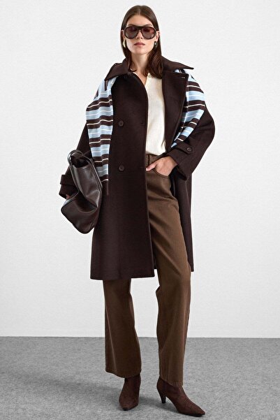 Olcay Reglan Sleeve Double Breasted Large Size Coat Brown 3189