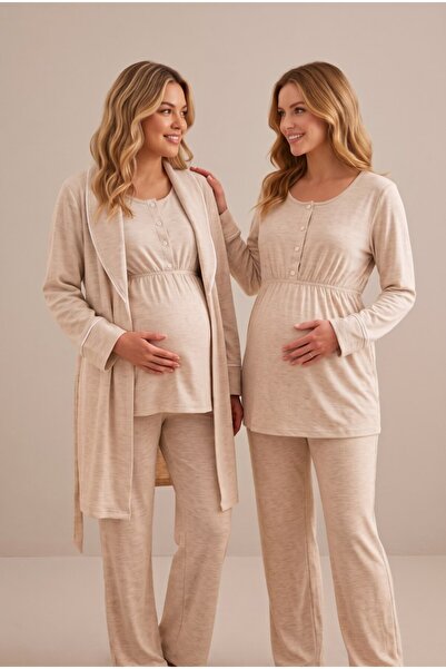 LOHOUSE Women's Beige Long Sleeve New Season Winter Maternity Pajama Set with...