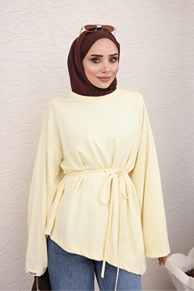 İmajButik Yellow Asymmetrical Cut Tunic with Waist Tie