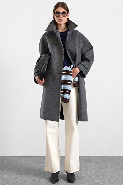 Olcay Reglan Sleeve Double Breasted Large Size Coat Dark Gray 3189