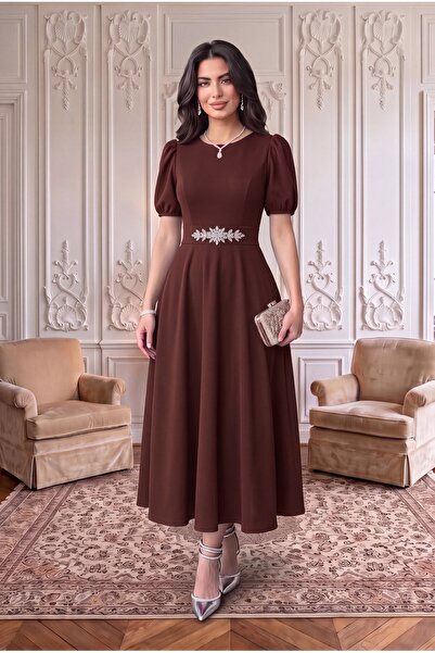 ALFUDO Moda Collection Βραδινό φόρεμα αποφοίτησης με μανίκια καρπούζι, καφέ μ...