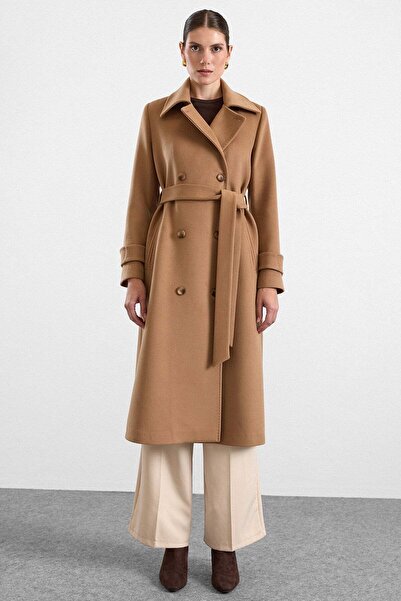Olcay Punto Stitch Detailed Double Breasted Long Premium Fabric Coat Kamel 3187