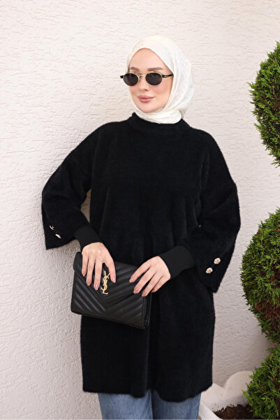 İmajButik Siyah Çift Kol Angora Yumoş Triko Tunik