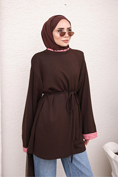 İmajButik Brown Collar and Sleeve Cuffs Plaid Decorated Modal Tunic