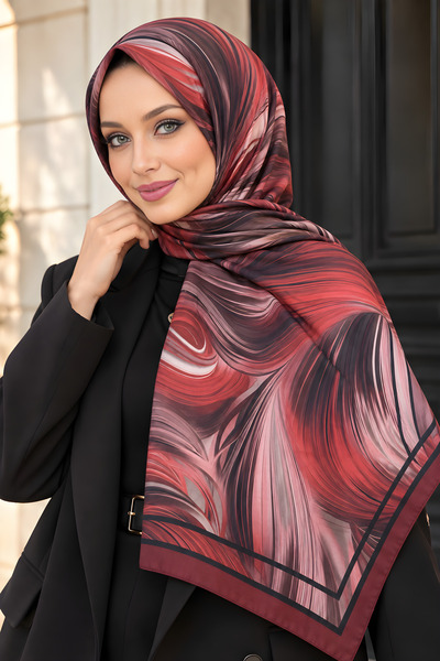 İmajButik شال ناعم منقوش باللون الأحمر الداكن والأزرق المائي