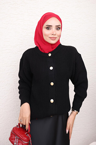 İmajButik Black Thessaloniki Knitted Buttoned Knitwear Cardigan