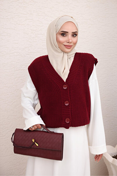 İmajButik سترة تريكو مزينة بأزرار باللون العنابي