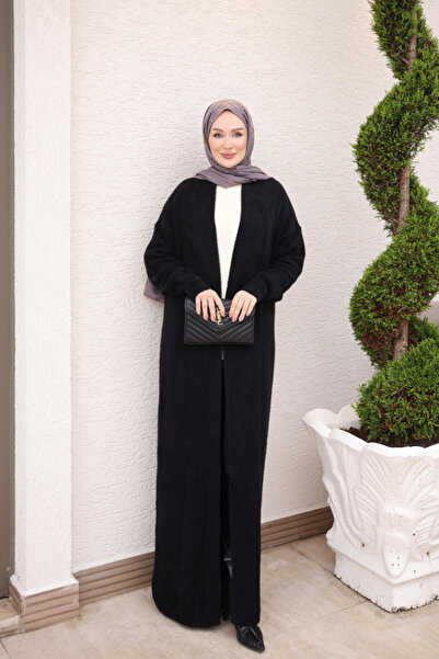 İmajButik Black Angora Soft Long Knit Cardigan