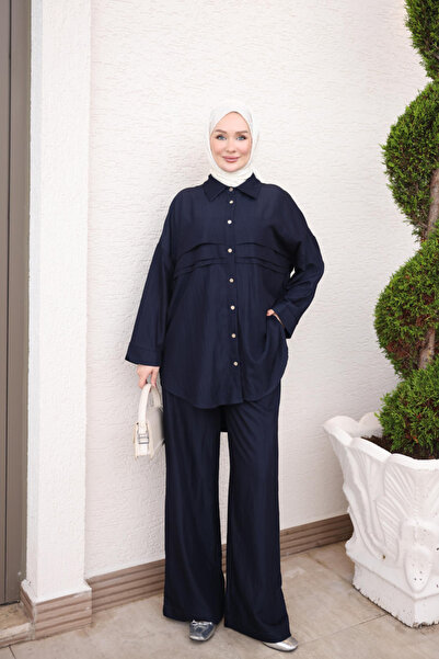 İmajButik Navy Blue Shirt Collar Fold Detailed Tunic Pants Set