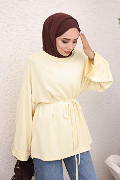 İmajButik Yellow Tunic with Slits on the Sides and Waist Drawstring
