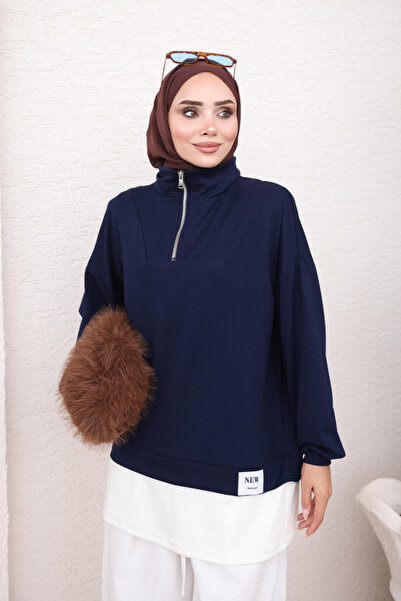 İmajButik Lacivert Yaka Fermuarlı Modal Sweat Tunik