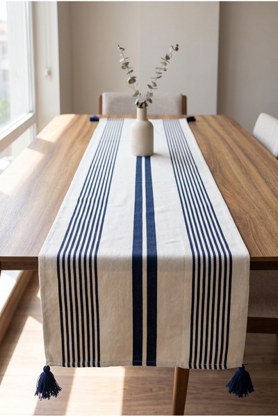 Lux Touch Peony Bohem - Püsküllü Runner | Modern Şerit Desenler | 115 x 43 cm
