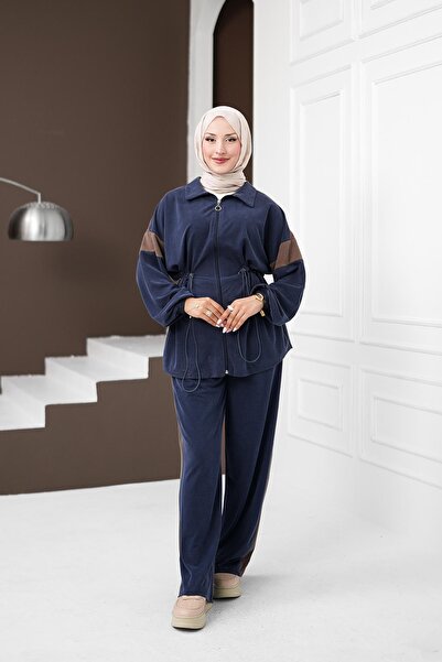 İmajButik Navy Blue Elastic Waist Tunic Trousers Suit