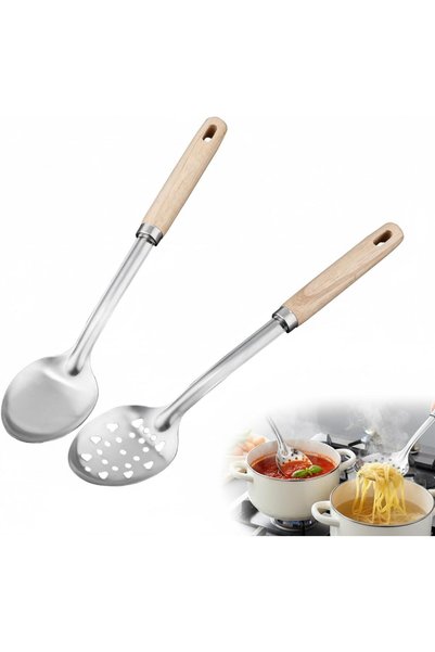 Generic ملاعق طهي من الفولاذ المقاوم للصدأ والخشب، طقم أدوات تقديم كبير من قط...
