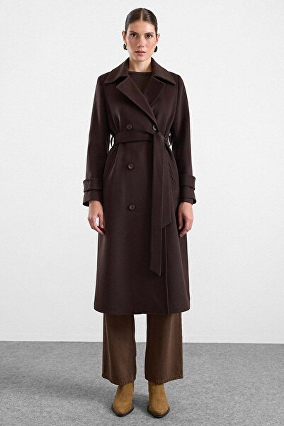 Olcay Punto Stitch Detailed Double Breasted Long Premium Fabric Coat Aci Brow...