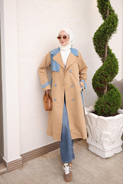 İmajButik Beige Double-Breasted Collared Lined Waist-Tie Trench Coat