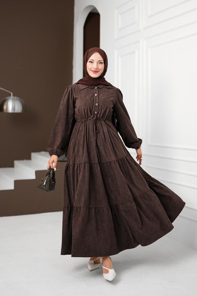İmajButik Brown Waist-Tie Layered Velvet Dress