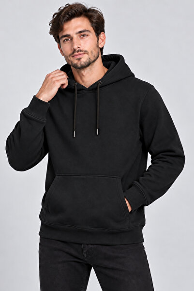 Freemen Hanorac negru pentru bărbați, cu glugă și buzunare, croială slim fit