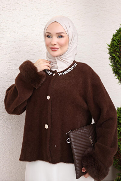 İmajButik Brown Fur Collar Angora Knitwear Jacket Cardigan with Stones