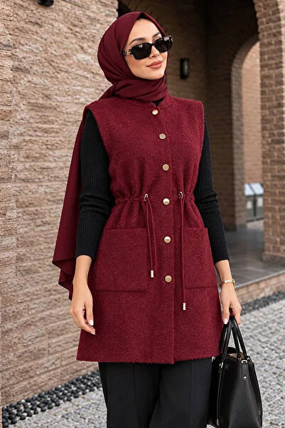 Neva Style Kapüşonlu Beli Bağcıklı Cepli Bordo Sakal Angora Tesettür Triko Ye...