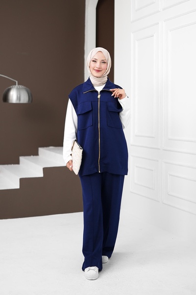 İmajButik Navy Blue Ecru Zippered Vest and Trousers Modal Suit