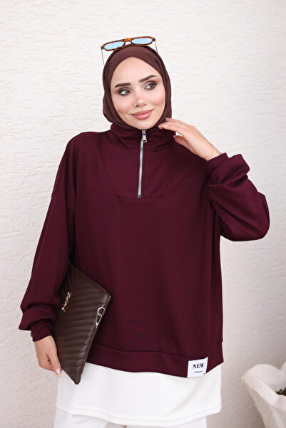 İmajButik تونيك رياضي من المودال بياقة بلون البرقوق وسحاب أمامي