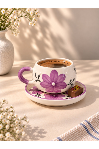 mor çiçek desenli el yapımı seramik tabaklı çay/kahve fincanı, yuvarlak 200ml