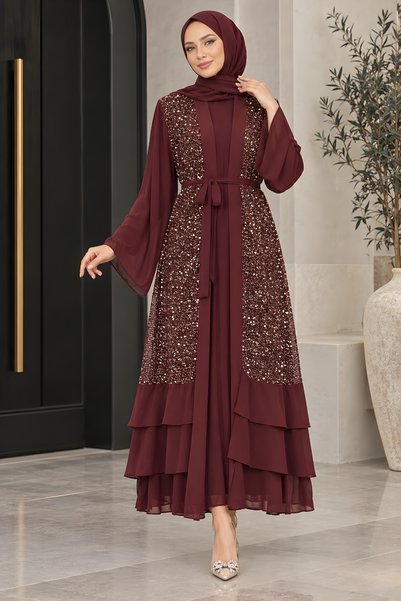 İmajButik Bordo Eteği Katlı İkili Abaya Takım