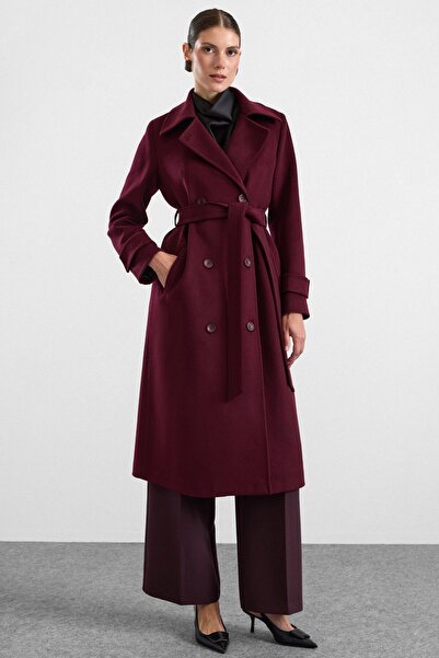 Olcay Punto Stitch Detailed Double-Breasted Long Premium Fabric Coat Bordo 3187