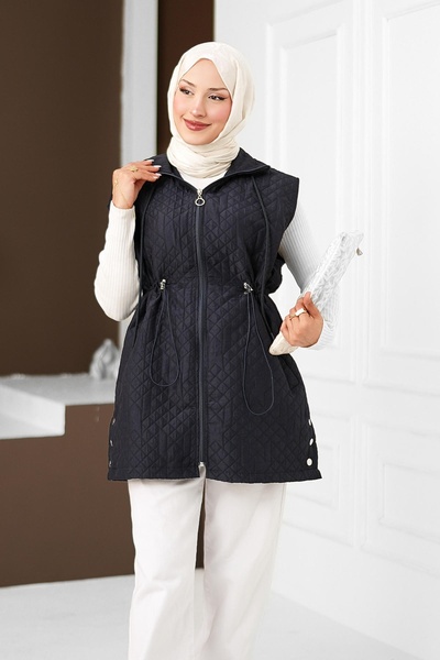 İmajButik سترة مبطنة باللون الأزرق الداكن مع جيوب وحزام خصر مطاطي