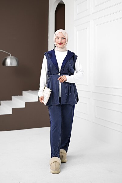 İmajButik Navy Blue Tunic Vest and Trousers 3-Piece Combination Set